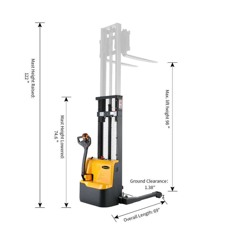 Apollolift Electric Straddle Stacker with 98" Lift and 3300 lb Cap Pallet Stacker - A-3022