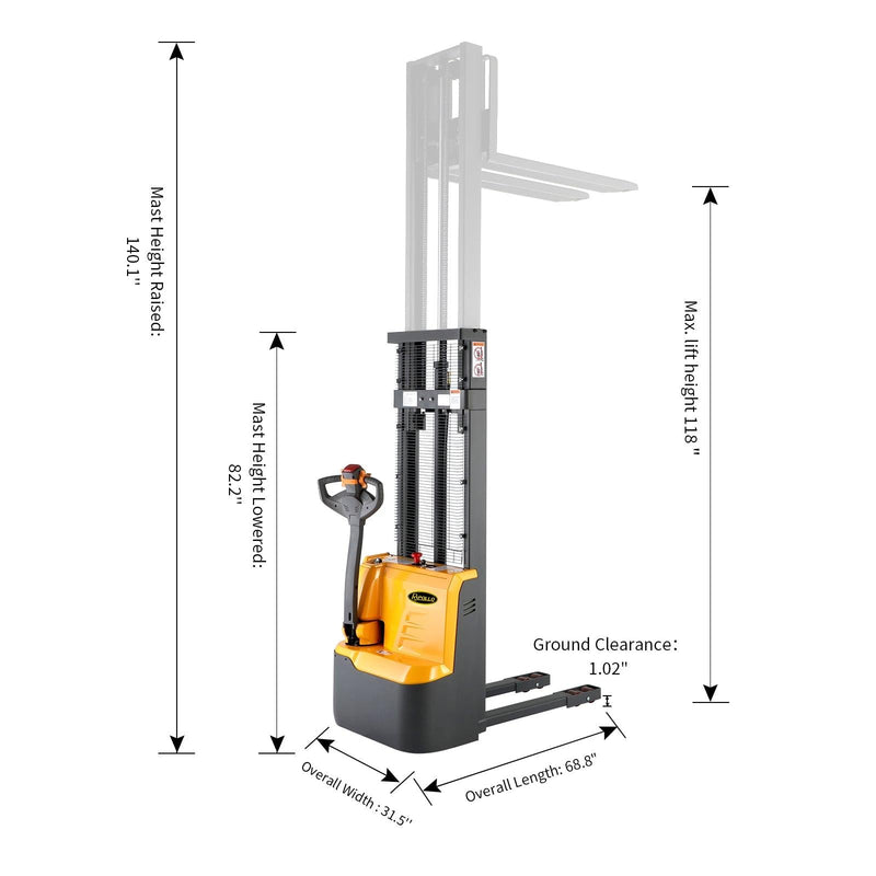 Apollolift Electric Straddle Stacker with Fixed Legs 118" Lift and 2640 lb Cap Pallet Stacker - A-3027