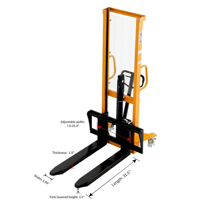 Apollolift Manual Pallet Stacker Adjustable Forks 1100lbs Cap., 63" Height - A-3002